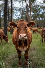 A brown cow stands calmly among trees in a lush forest pasture, representing sustainable dairy farming and healthy livestock for World Milk Day.