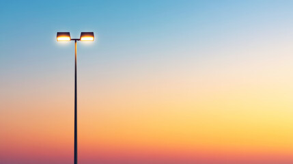 Minimalist image featuring a lighting mast adorned with illuminated floodlights, casting a serene glow against a dusk sky in vibrant hues