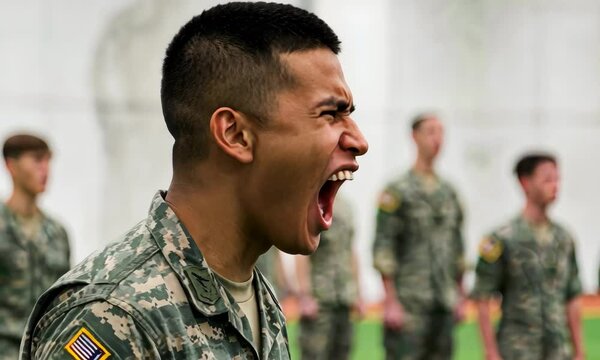 Uniformed soldier shouting during military drill, American flag patch visible