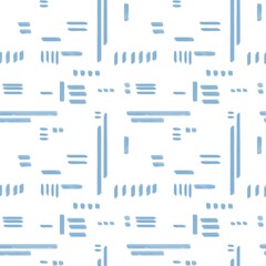 Seamless abstract geometric pattern. Simple background on blue, white colors. Illustration. Abstract lines, figures. Design for textile fabrics, wrapping paper, background, wallpaper, cover.