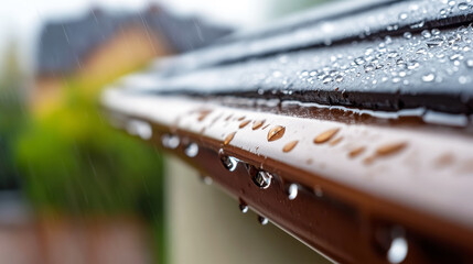 Rainwater streaming down house gutter during gentle shower, cascading with rhythmic precision against residential rooftop backdrop