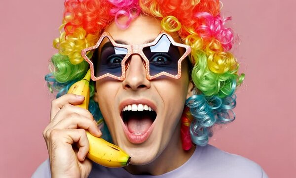 Man with star-shaped glasses and rainbow wig, holding banana like phone