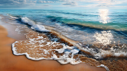 Summer beach with clear water, shimmering under the golden sunlight, soft sand, and a cool sea breeze, perfect for unwinding and relaxing.
