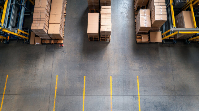 Overhead warehouse interior revealing stacked cardboard boxes, industrial pallets, yellow floor markings guiding workflow efficiency