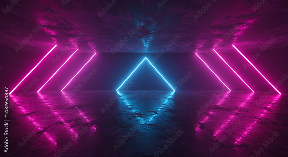 Poster futuristic neon space with triangle and lines glowing in a dark environment