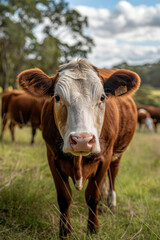 Portrait of a brown and white cow standing in a lush green field. A peaceful agricultural scene ideal for World Milk Day and rural life themes.