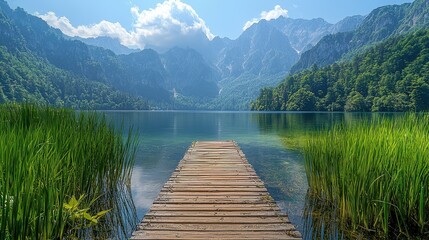Serene lake view with wooden pier surrounded by lush mountains and clear sky