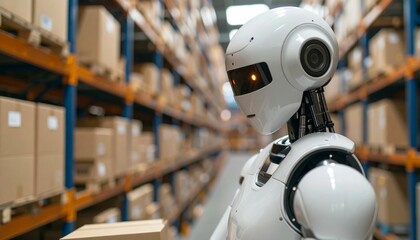 Fototapeta premium AI agent working with packages in a modern warehouse.