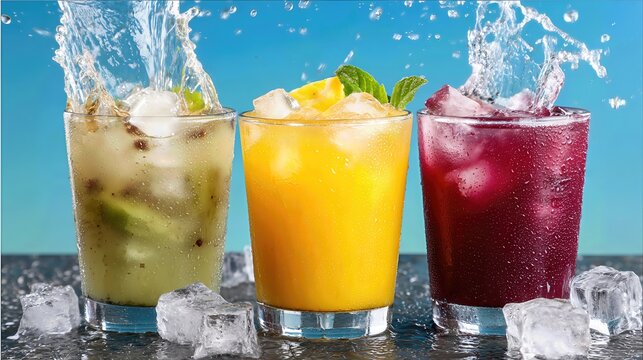 Splashes dance around the glasses filled with fruity, chilled beverages, making every sip look as exciting as a sunny day.


