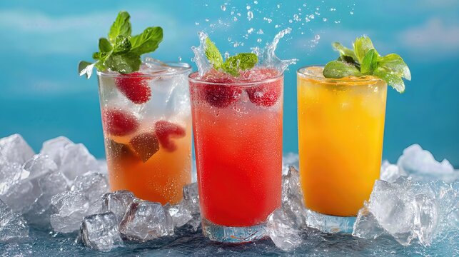 Splashes dance around the glasses filled with fruity, chilled beverages, making every sip look as exciting as a sunny day.

