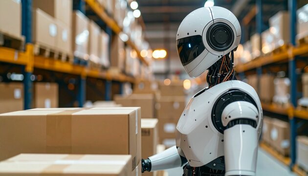 Close-up of a humanoid robot handling boxes in a warehouse.