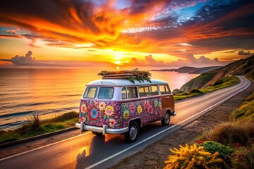 Vintage Camper Van Coastal Sunset Flower Peace Sign Retro Road Trip T-Shirt Design