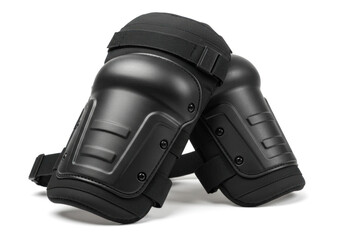 Knee pads on a hardwood floor, beside a toolbox and a hammer, used by a carpenter for protection while working on home improvement projects.