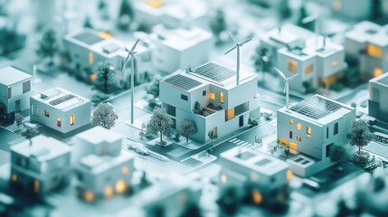 Sustainable city model, houses with solar and wind energy, urban planning