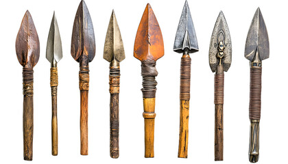 An array of diverse spears arrow heads and other sharp metal weapons and tools with historical and decorative design elements