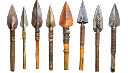 An array of diverse spears arrow heads and other sharp metal weapons and tools with historical and decorative design elements
