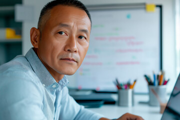 Serious Asian businessman looking away from laptop at desk in office environment