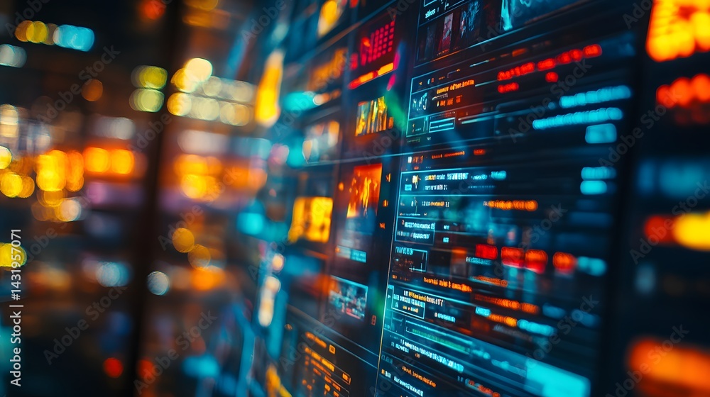 Poster close-up of a futuristic digital display showing various data streams, graphs, and information. vibr