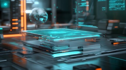 Futuristic technology concept with glowing teal interface and data streams.  A sleek, transparent display rests on a complex technological platform.  Represents innovation and advanced computing.
