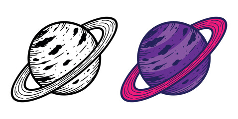 Vintage-style illustration of a ringed planet in black and color. Hand-drawn Saturn-inspired space icon on white