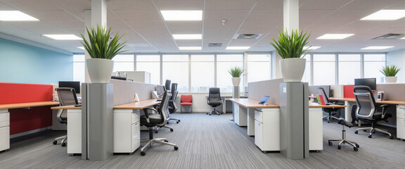 Modern office workplace with tidy setup and bright decor, productivity boost