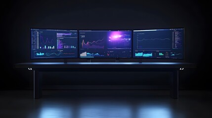 Three large monitors display dynamic data visualizations, graphs, and code in a dark, modern setting.
