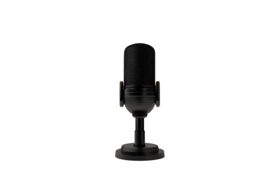 A sleek black microphone on a stand ideal for recording broadcasting and audio production