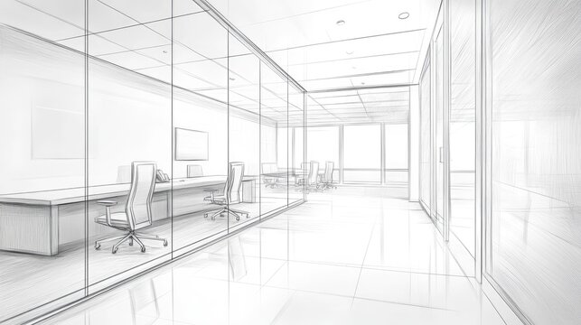 Modern office interior design sketch, showcasing a sleek and spacious layout.