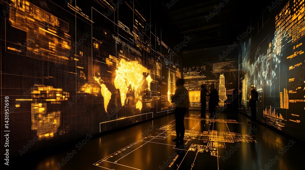 Poster silhouetted figures stand in a dark room surrounded by large screens displaying a glowing golden wor