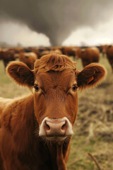 Brown cow stands alert in front of a powerful tornado funnel, highlighting extreme weather and climate impact on animals for World Meteorological Day.