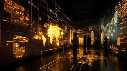 Silhouetted figures stand in a dark room surrounded by large screens displaying a glowing golden world map and complex data streams.  A futuristic, technological scene.