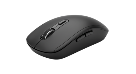 A close up shot of a sleek black computer mouse with scroll wheel on a plain black background studio shot