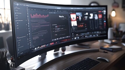 A modern workspace featuring a curved ultrawide monitor displaying data analytics and code.