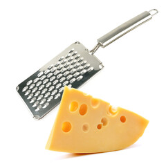 A grater and piece of parmigiano cheese isolated on white background. Collage.