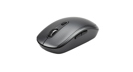 A close up shot of a gray computer mouse positioned on a black background with a sleek design and buttons