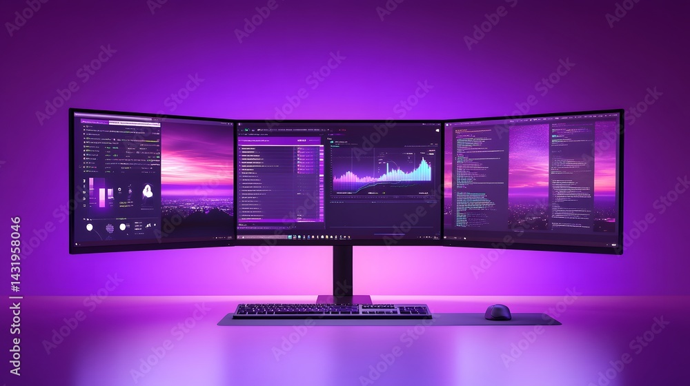 Poster triple monitor setup displaying data analytics, stock market graphs, and code. purple ambient lighti