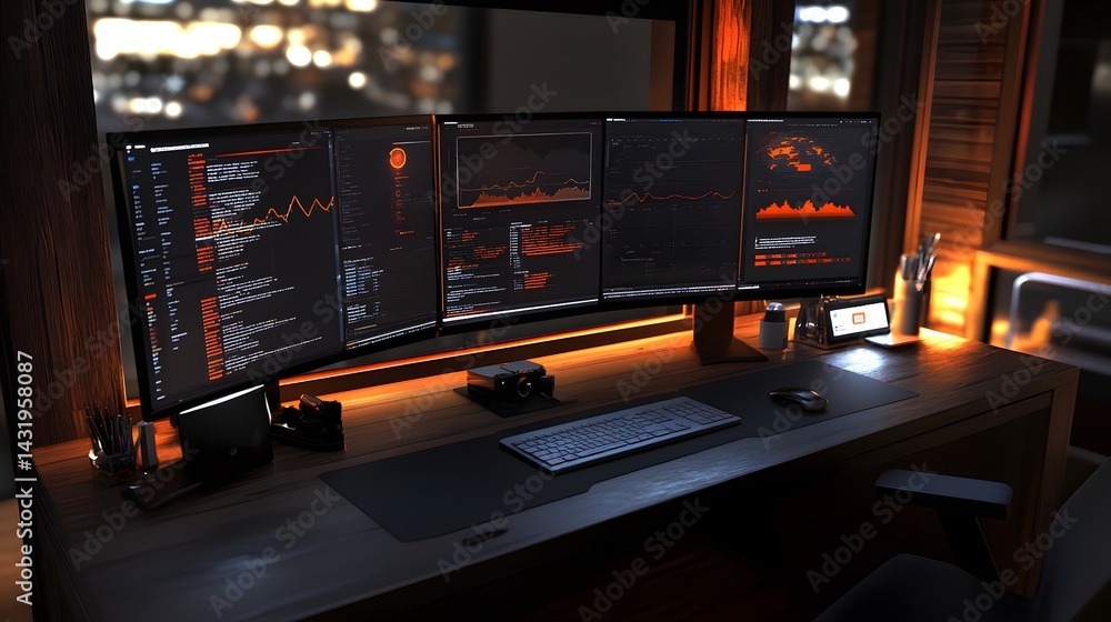 Poster a sleek, modern workspace featuring a triple monitor setup displaying code, graphs, and a world map.