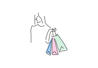 One line drawing illustration of a person holding multiple shopping bags.