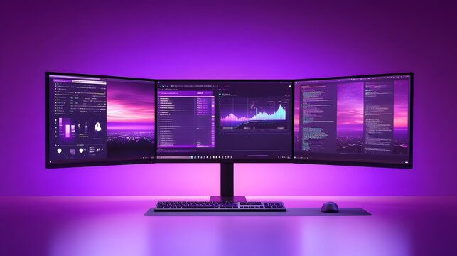 Triple monitor setup displaying data analytics, stock market graphs, and code.  Purple ambient lighting enhances the futuristic tech aesthetic. Sleek keyboard and mouse complete the workspace.