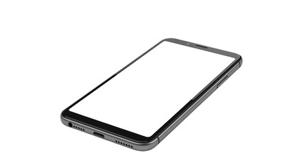 A mobile phone with a blank white screen is lying flat on a black surface in a slightly angled view