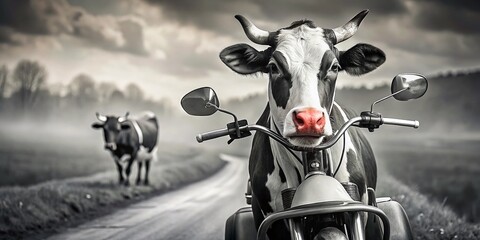 Vintage Cow on Motorbike: Black and White Photo Stock