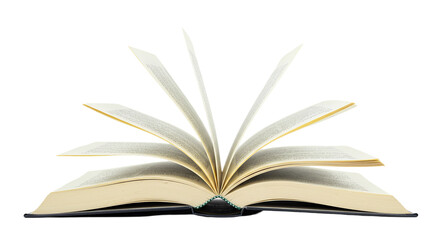 An open book with white pages and a dark cover is displayed against a black background in a studio shot