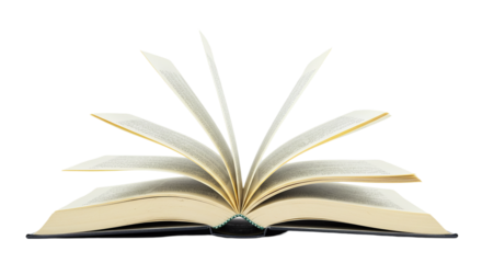 An open book with white pages and a dark cover is displayed against a black background in a studio shot