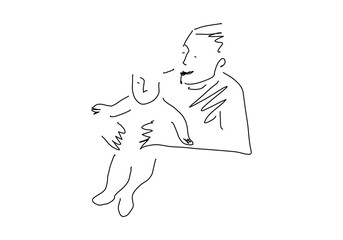 Minimalist one-line drawing of a father lifting his child joyfully. 