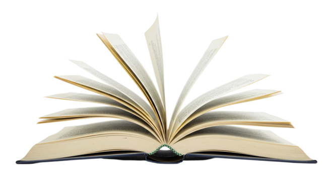 An open book with pages fanned out against a black background showing the book's spine and pages edges