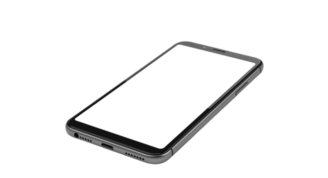A mobile phone with a blank white screen is lying flat on a black surface in a slightly angled view