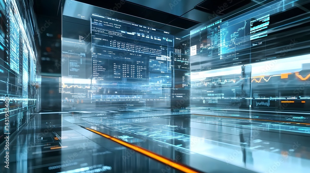 Poster futuristic digital room filled with holographic displays showing data streams, charts, and graphs. a