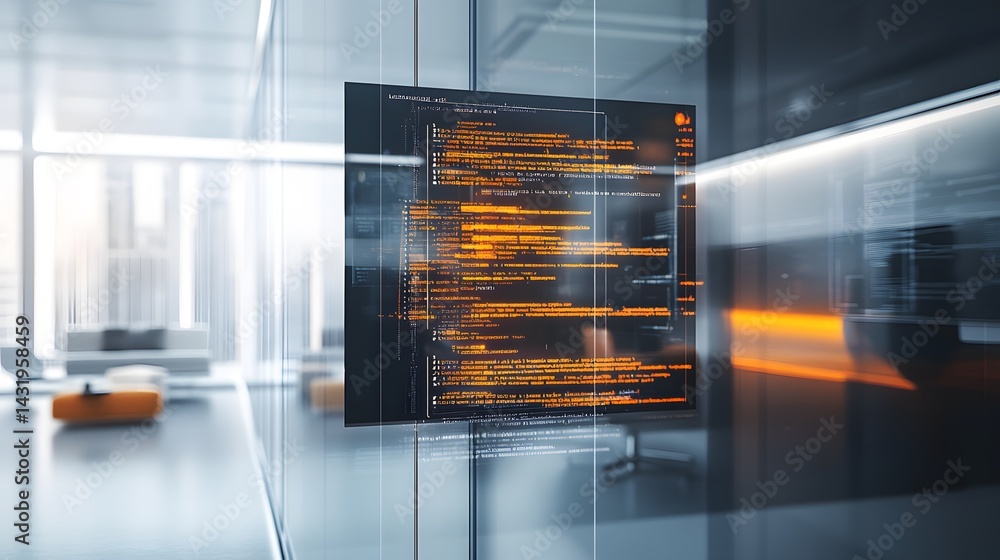 Poster a modern office with a large screen displaying lines of orange code.