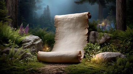A glowing scroll rests in the heart of an enchanted forest, waiting to unveil a hidden tale.

