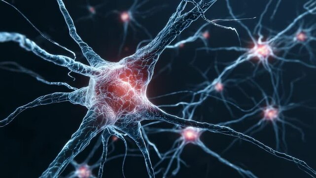 3D rendering of neural network cells with glowing synapses on dark blue